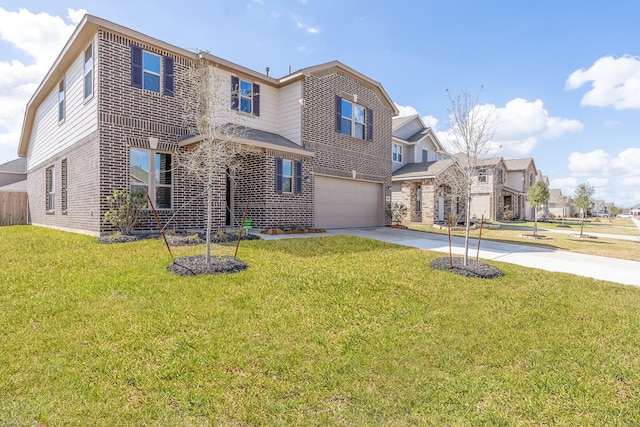 6120 Whitewing Rd, Rosenberg, TX 77469 - traditional-style house featuring concrete driveway, brick siding, an attached garage, a front yard, and a residential view