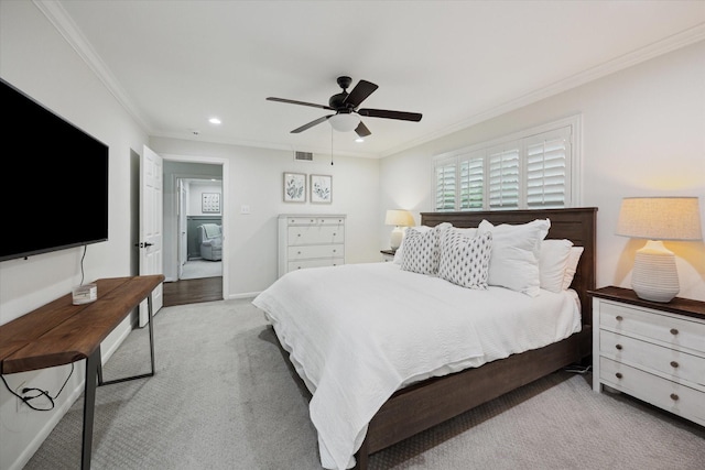 10043 Overbrook Ln, Houston, TX 77042 - carpeted bedroom with ornamental molding, recessed lighting, and ceiling fan