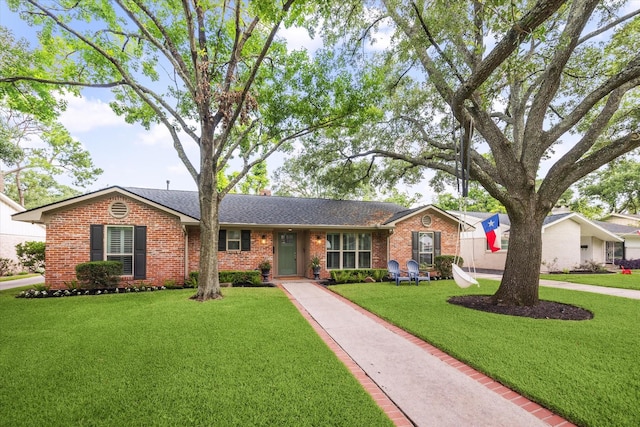10043 Overbrook Ln, Houston, TX 77042 - ranch-style house with brick siding, a front lawn, and a shingled roof
