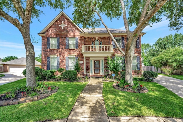 3602 Garrettsville Dr, Pearland, TX 77584 - colonial house with a balcony and brick siding