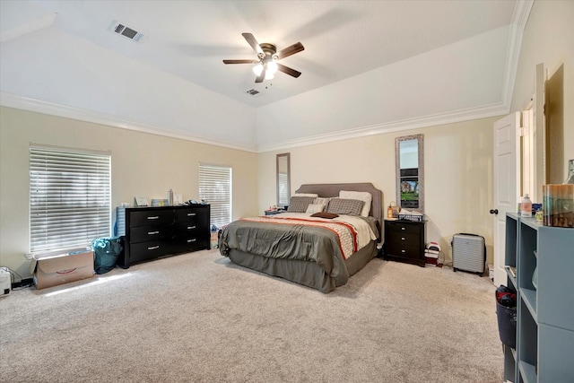 3602 Garrettsville Dr, Pearland, TX 77584 - bedroom with light colored carpet, multiple windows, vaulted ceiling, ornamental molding, and a ceiling fan