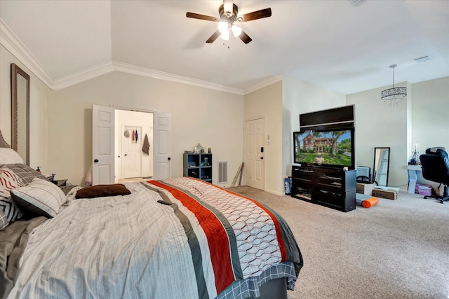 3602 Garrettsville Dr, Pearland, TX 77584 - carpeted bedroom with ceiling fan, crown molding, and vaulted ceiling