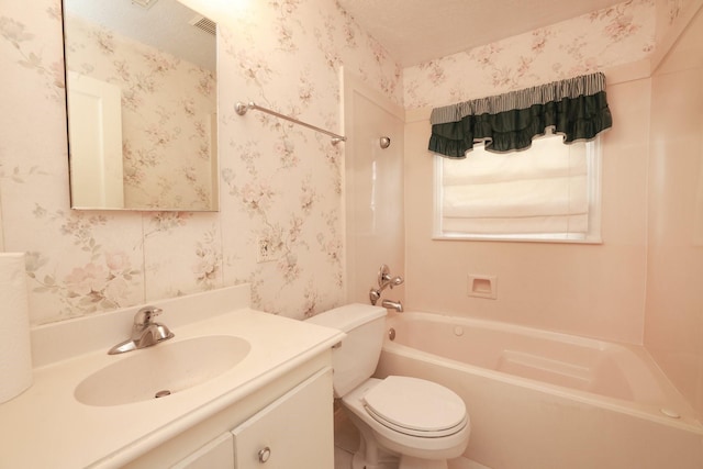 6514 Westview Dr, Houston, TX 77055 - full bathroom featuring toilet, vanity,  shower combination, and wallpapered walls