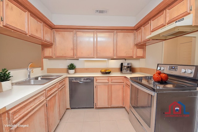 3 Lazybrook St, Angleton, TX 77515 - kitchen featuring stainless steel range with electric stovetop, dishwashing machine, under cabinet range hood, a sink, and light tile patterned floors