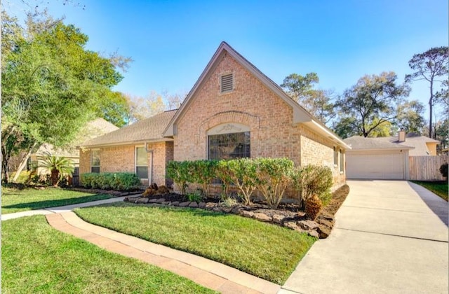 3838 Fawn Creek Dr, Houston, TX 77339 - tudor-style house featuring brick siding, a front lawn, and a garage
