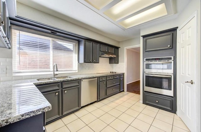 3838 Fawn Creek Dr, Houston, TX 77339 - kitchen with stainless steel appliances, a sink, tasteful backsplash, and under cabinet range hood