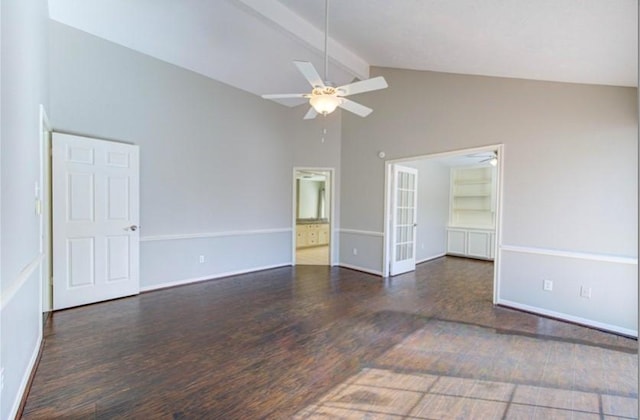 3838 Fawn Creek Dr, Houston, TX 77339 - empty room with ceiling fan, wood finished floors, beamed ceiling, baseboards, and high vaulted ceiling