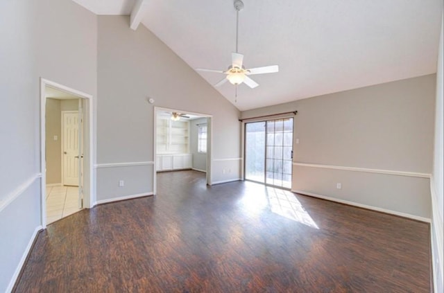 3838 Fawn Creek Dr, Houston, TX 77339 - spare room featuring high vaulted ceiling, ceiling fan, wood finished floors, baseboards, and beamed ceiling