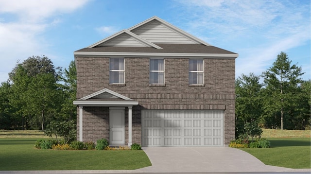 3054 Mallorca Dr, Conroe, TX 77301 - view of front of house featuring an attached garage, a front lawn, driveway, and brick siding