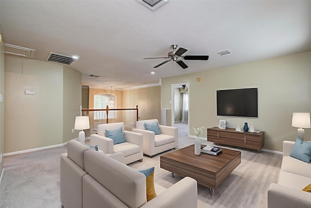 2107 Blue Water Bay Dr, Katy, TX 77494 - living room featuring attic access, baseboards, a ceiling fan, light wood-type flooring, and recessed lighting