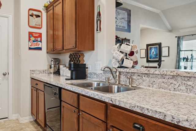 16718 Highland Villa Ln, Humble, TX 77396 - kitchen with dishwasher, a sink, brown cabinetry, light countertops, and ornamental molding
