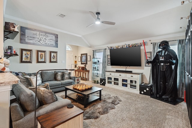 16718 Highland Villa Ln, Humble, TX 77396 - living room with a ceiling fan, carpet flooring, lofted ceiling, and ornamental molding