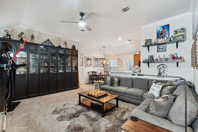 16718 Highland Villa Ln, Humble, TX 77396 - living area featuring a ceiling fan, carpet flooring, and crown molding