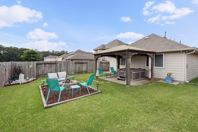 16718 Highland Villa Ln, Humble, TX 77396 - view of yard featuring a gazebo, a patio area, and an outdoor living space with a fire pit