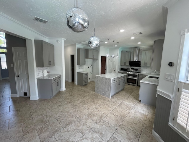 7802 Strathclyde Sound Rd, Houston, TX 77095 - kitchen featuring gray cabinets, appliances with stainless steel finishes, backsplash, a textured ceiling, and ornamental molding