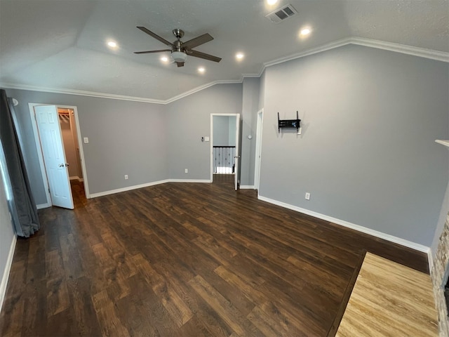 7802 Strathclyde Sound Rd, Houston, TX 77095 - spare room with lofted ceiling, ceiling fan, dark wood-type flooring, baseboards, and recessed lighting