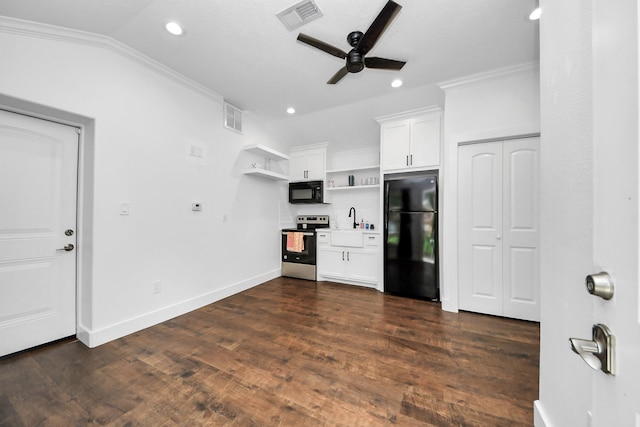24 Woody Creek Dr, Conroe, TX 77301 - kitchen with black appliances, open shelves, crown molding, recessed lighting, and ceiling fan