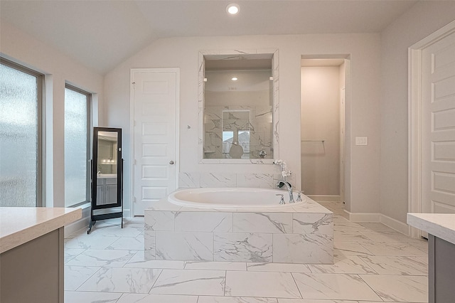 29042 Hauter Way, Fulshear, TX 77441 - full bathroom with marble finish floors, vanity, a bath, recessed lighting, and baseboards