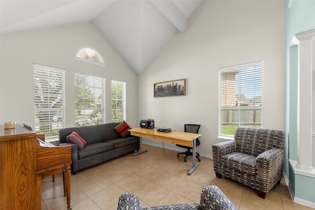 44 Parkway Pl, Houston, TX 77040 - home office featuring plenty of natural light, light tile patterned floors, high vaulted ceiling, and baseboards