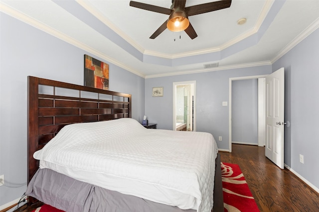 44 Parkway Pl, Houston, TX 77040 - bedroom with a tray ceiling, ornamental molding, wood finished floors, baseboards, and a ceiling fan