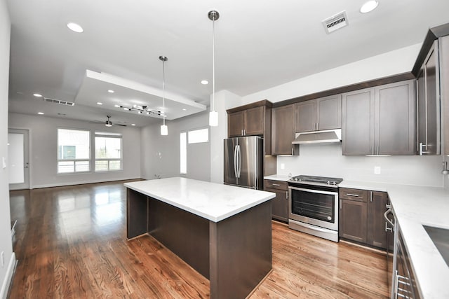 310 Eado Park Cir, Houston, TX 77020 - kitchen featuring stainless steel appliances, under cabinet range hood, dark brown cabinetry, light wood-style flooring, and recessed lighting
