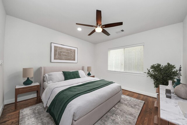 310 Eado Park Cir, Houston, TX 77020 - bedroom with baseboards, recessed lighting, dark wood-style flooring, and a ceiling fan