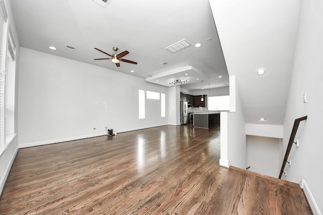 310 Eado Park Cir, Houston, TX 77020 - unfurnished living room featuring recessed lighting, ceiling fan, dark wood-style flooring, and baseboards