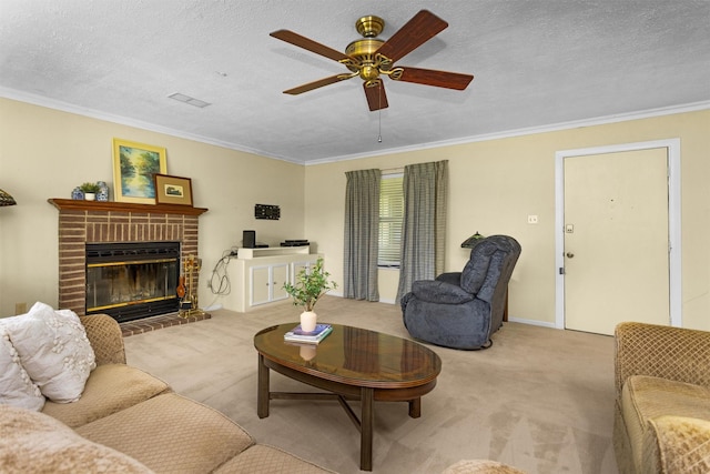 5614 Whipporwill Rd, Conroe, TX 77303 - carpeted living room with ceiling fan, ornamental molding, a brick fireplace, a textured ceiling, and baseboards