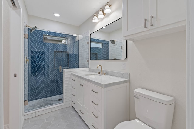 3734 Florinda St, Houston, TX 77021 - full bath featuring vanity, a shower stall, tile patterned flooring, and recessed lighting