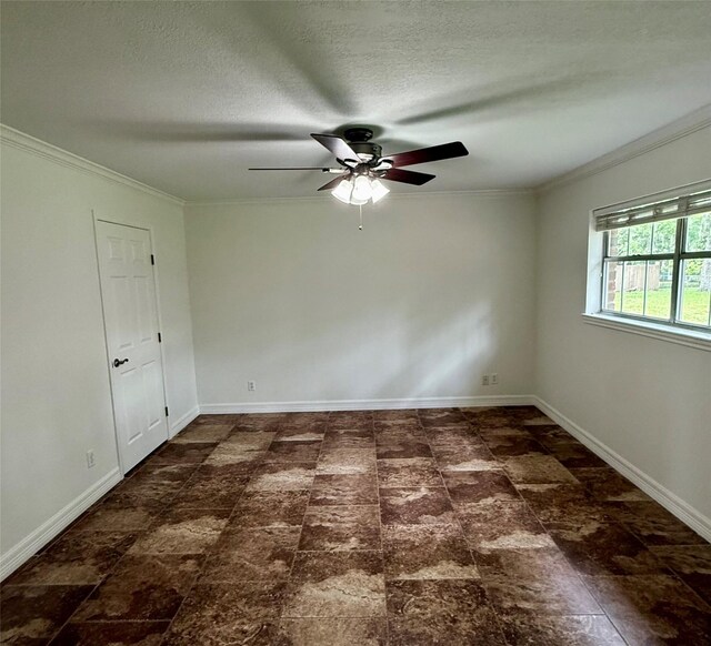 200 Wentworth Dr, West Columbia, TX 77486 - empty room featuring ceiling fan, crown molding, baseboards, and a textured ceiling