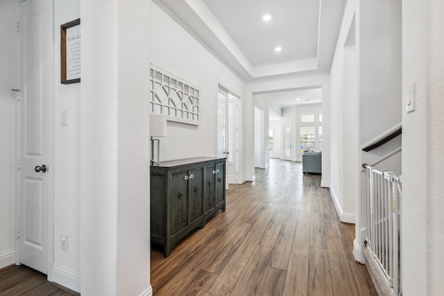 15003 Big Spring Park Dr, Cypress, TX 77433 - hall with wood finished floors, recessed lighting, and a tray ceiling