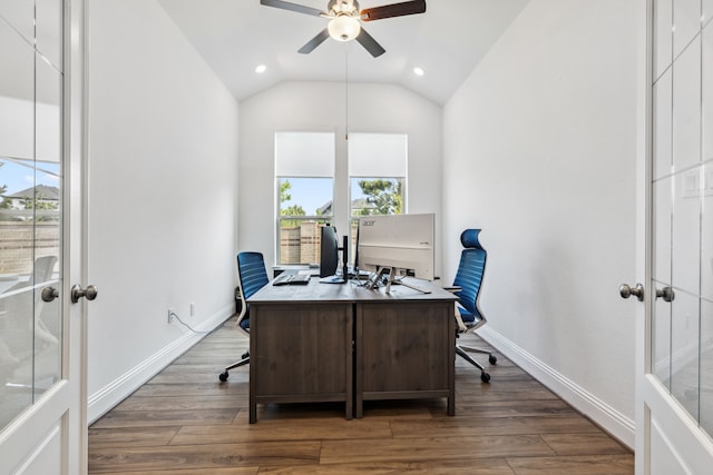 15003 Big Spring Park Dr, Cypress, TX 77433 - home office featuring ceiling fan, wood finished floors, recessed lighting, and lofted ceiling