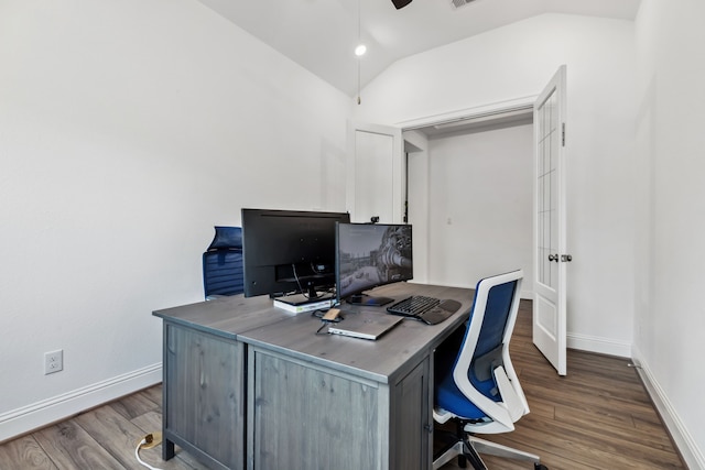 15003 Big Spring Park Dr, Cypress, TX 77433 - office with wood finished floors, a ceiling fan, and vaulted ceiling