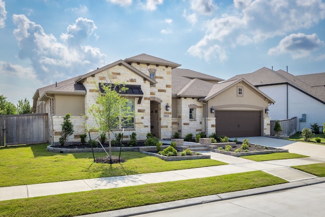 15003 Big Spring Park Dr, Cypress, TX 77433 - french country style house featuring stone siding, concrete driveway, an attached garage, and stucco siding