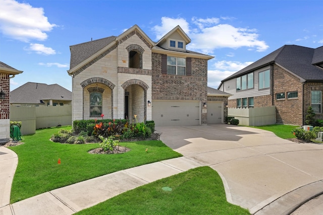 17040 Shy Leaf Ct, Conroe, TX 77385 - french country inspired facade featuring brick siding, driveway, stone siding, an attached garage, and a shingled roof