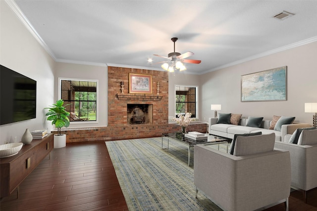 22402 Timber Ridge Dr, Magnolia, TX 77355 - living room with ceiling fan, hardwood / wood-style floors, crown molding, and a brick fireplace