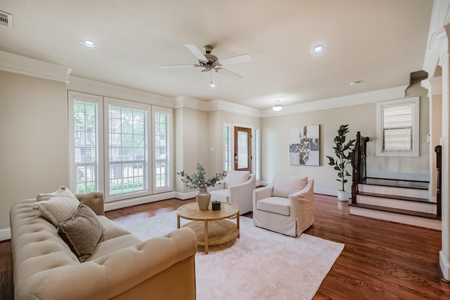 231 W 26th St, Houston, TX 77008 - living room with baseboards, ceiling fan, dark wood finished floors, stairs, and ornamental molding