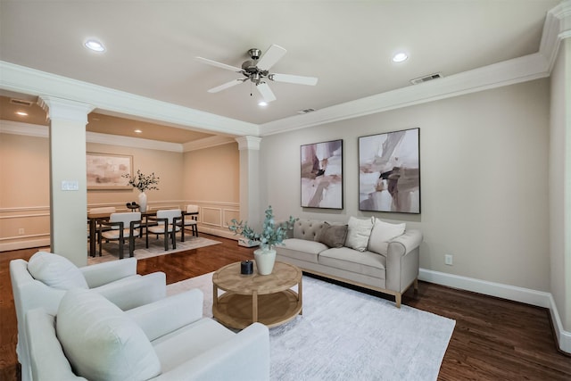 231 W 26th St, Houston, TX 77008 - living room with ornate columns, crown molding, dark wood-style floors, a ceiling fan, and recessed lighting