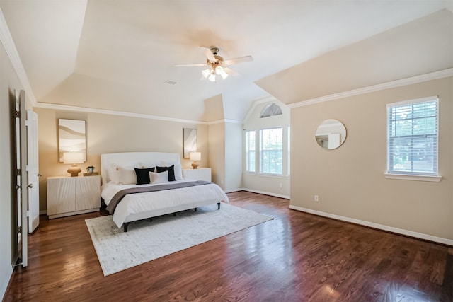231 W 26th St, Houston, TX 77008 - bedroom with ornamental molding, wood finished floors, baseboards, a ceiling fan, and vaulted ceiling