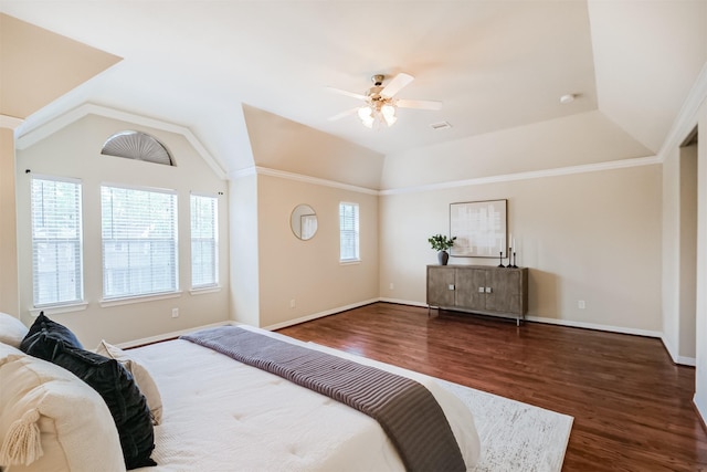 231 W 26th St, Houston, TX 77008 - bedroom with wood finished floors, baseboards, a ceiling fan, and lofted ceiling