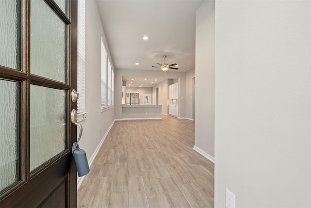 119 Lukewood Cir, Conroe, TX 77318 - foyer entrance featuring recessed lighting, baseboards, light wood-type flooring, and a ceiling fan