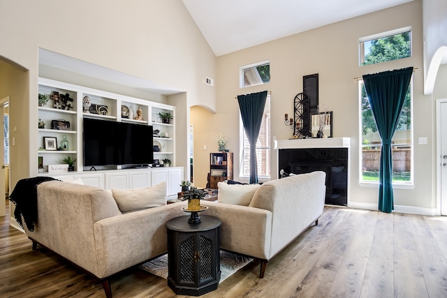 3006 Pecan Way Ct, Richmond, TX 77406 - living room featuring high vaulted ceiling, arched walkways, a tiled fireplace, and wood finished floors