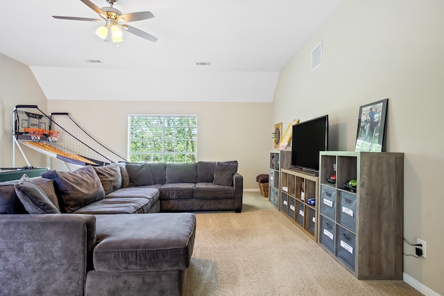 3006 Pecan Way Ct, Richmond, TX 77406 - living room with carpet floors, vaulted ceiling, ceiling fan, and baseboards