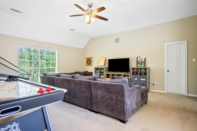 3006 Pecan Way Ct, Richmond, TX 77406 - living area with ceiling fan, lofted ceiling, light carpet, and baseboards