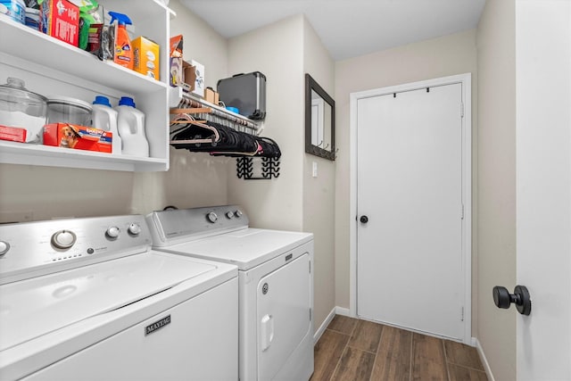 21343 Slate Crossing Ln, Katy, TX 77449 - washroom featuring independent washer and dryer, dark wood-style flooring, and baseboards