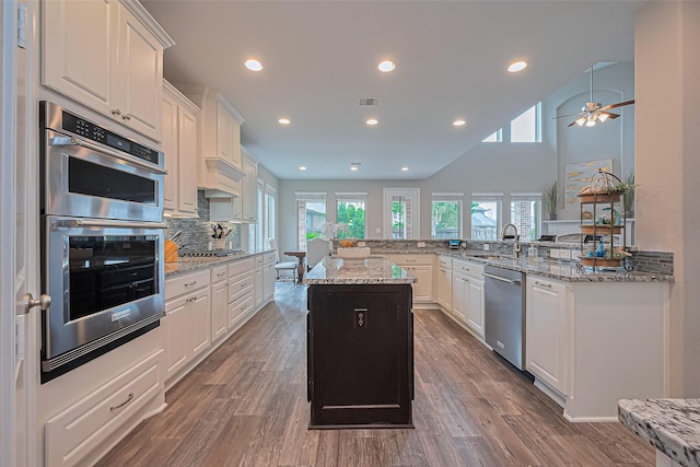 27923 Coulter Dr, Spring, TX 77386 - kitchen featuring appliances with stainless steel finishes, ceiling fan, white cabinetry, a center island, and recessed lighting