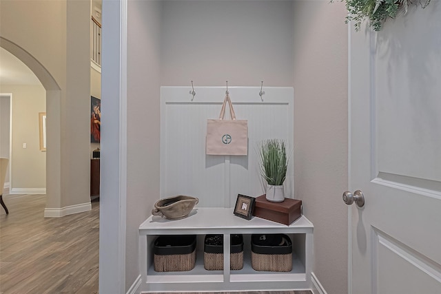 27923 Coulter Dr, Spring, TX 77386 - mudroom featuring arched walkways and wood finished floors