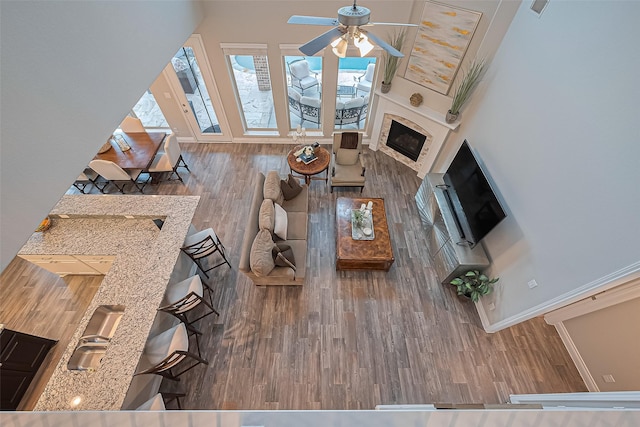 27923 Coulter Dr, Spring, TX 77386 - living area with wood finished floors, ceiling fan, and a fireplace