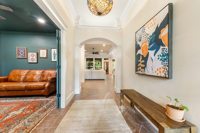 11710 Creek View Ln, Conroe, TX 77385 - hall with crown molding, arched walkways, and baseboards