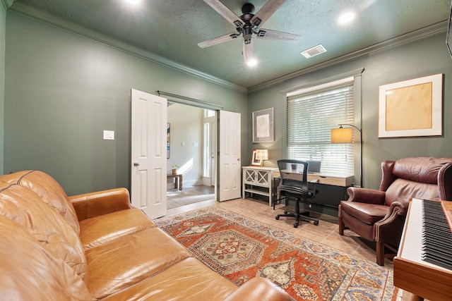 11710 Creek View Ln, Conroe, TX 77385 - office area with crown molding, ceiling fan, light tile patterned floors, and recessed lighting